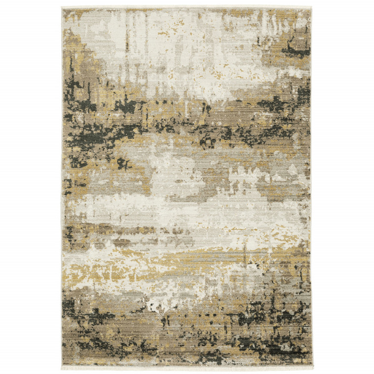 Homeroots Home Decor 6' x 9' Abstract Area Rug, Grey Gold Black Charcoal and Beige, Power Loom Stain Resistant with Fringe