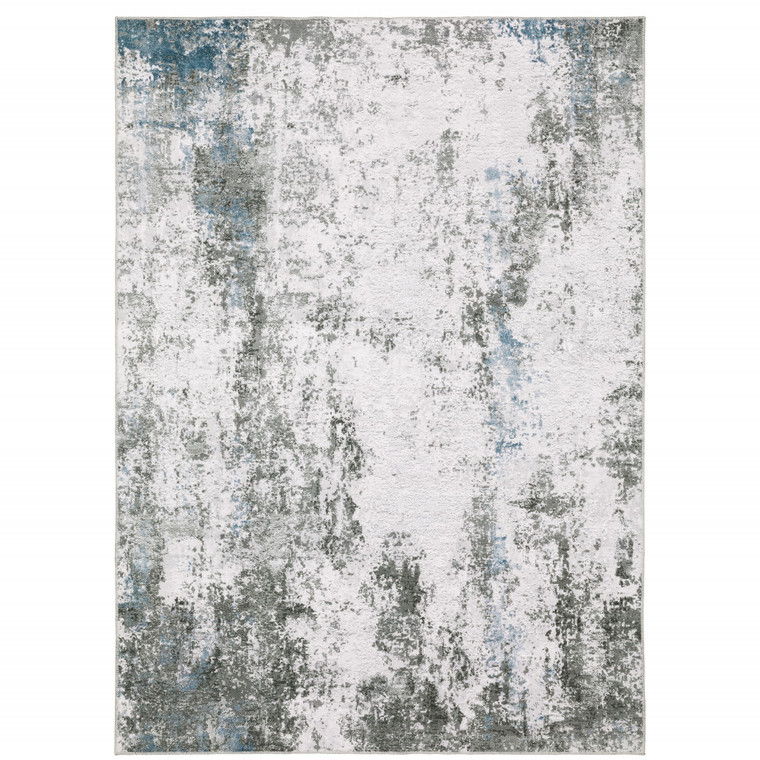 Homeroots Home Decor 8' x 10' Abstract Printed Area Rug, Silver Grey Charcoal and Light Blue, Stain Resistant Non-Skid