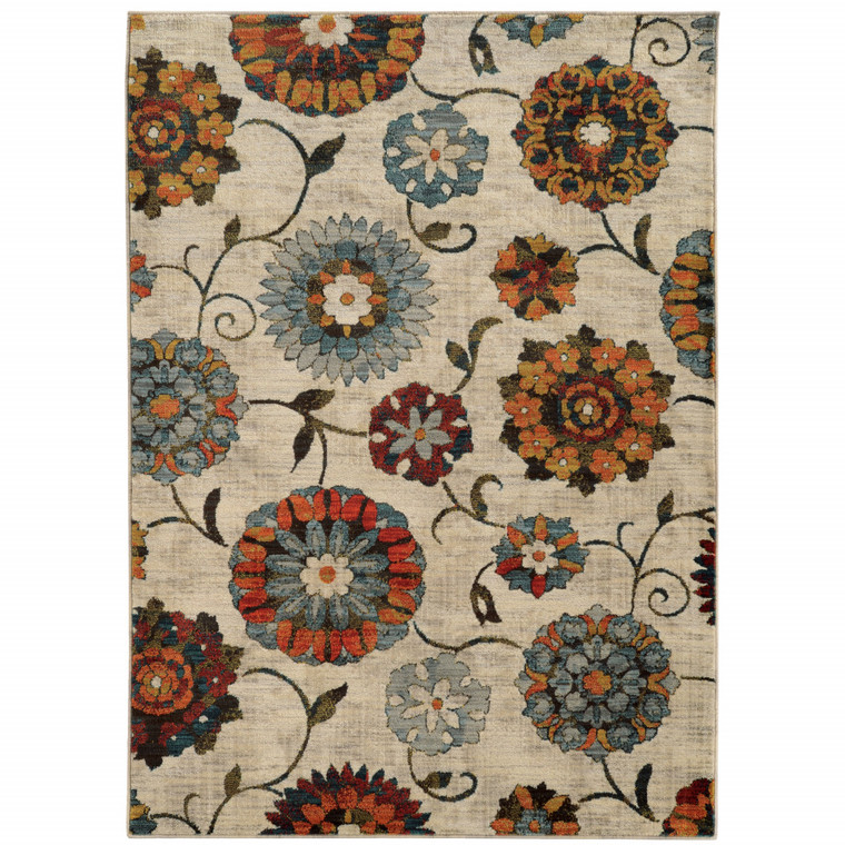 5' X 8' Ivory Blue Gold Green Orange Rust And Teal Floral Power Loom Stain Resistant Area Rug - 606114621140