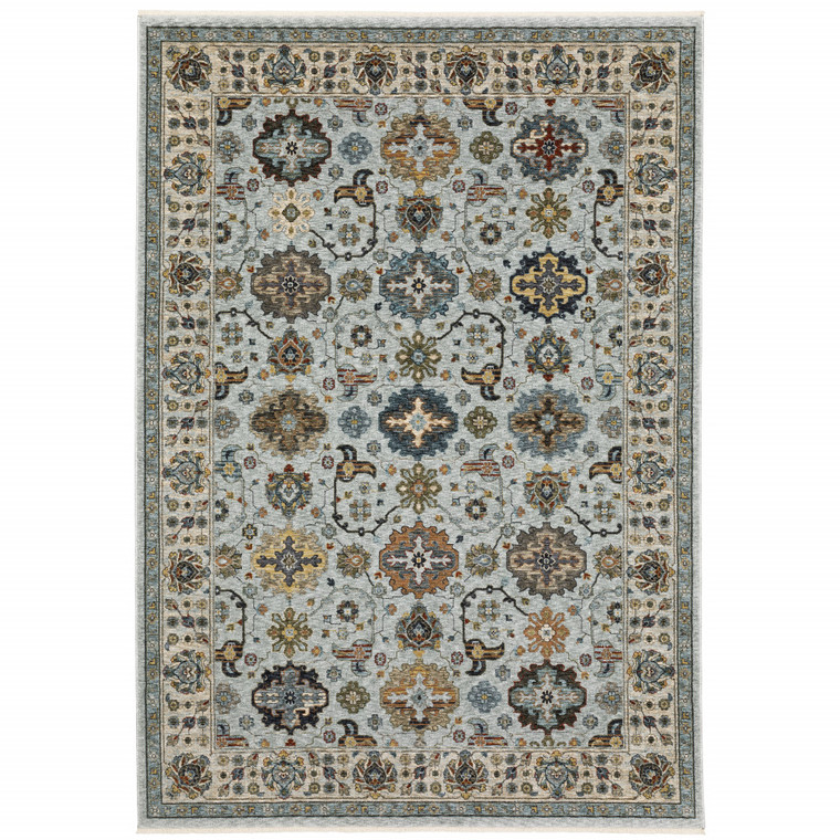 Homeroots Home Decor 5' x 8' Oriental Area Rug, Blue Beige Grey Green Yellow Rust, Stain Resistant, With Fringe