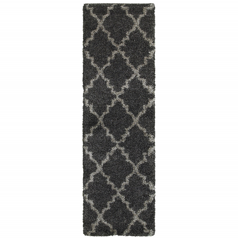 2' X 8' Charcoal And Grey Geometric Shag Power Loom Stain Resistant Runner Rug Polypropylene