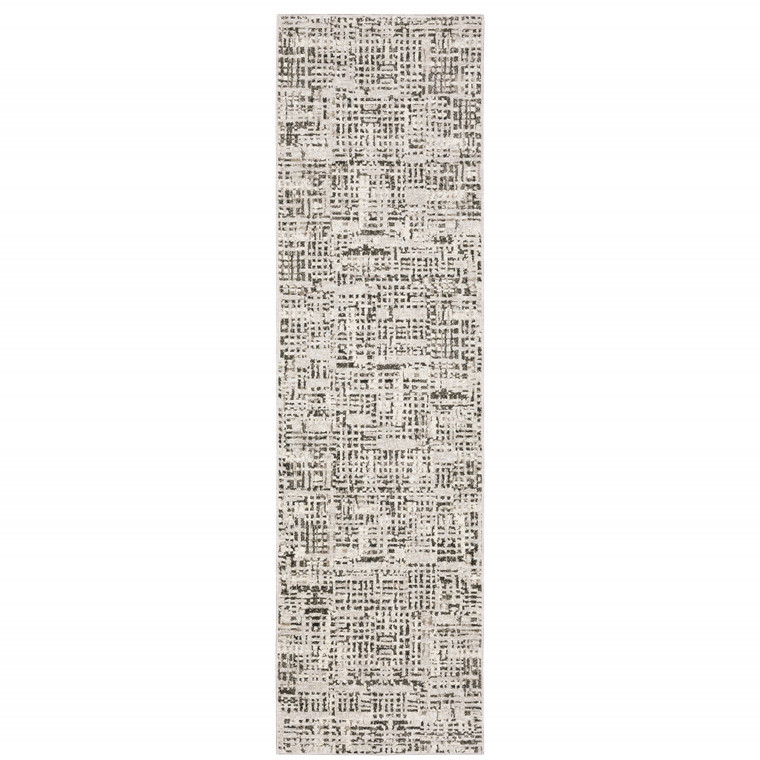 2' X 8' Ivory Grey Charcoal Brown And Beige Abstract Power Loom Stain Resistant Runner Rug