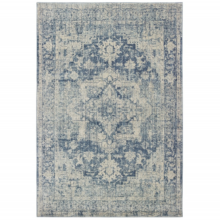 7’x10’ Ivory and Blue Oriental Area Rug - 4512822865478