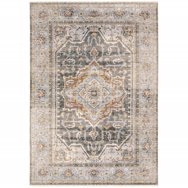 Homeroots Home Decor 6' x 9' Gray and Blue Machine Woven Medallion Indoor Area Rug