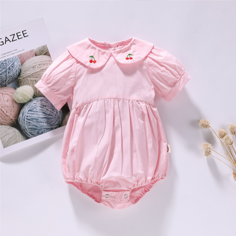 Baby Girl Solid Color Cherry Embroide Design Puff Sleeved Onesies