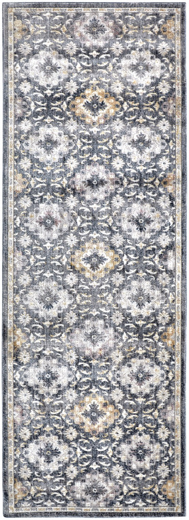 8' Blue And Gold Floral Stain Resistant Runner Rug - 606114132943