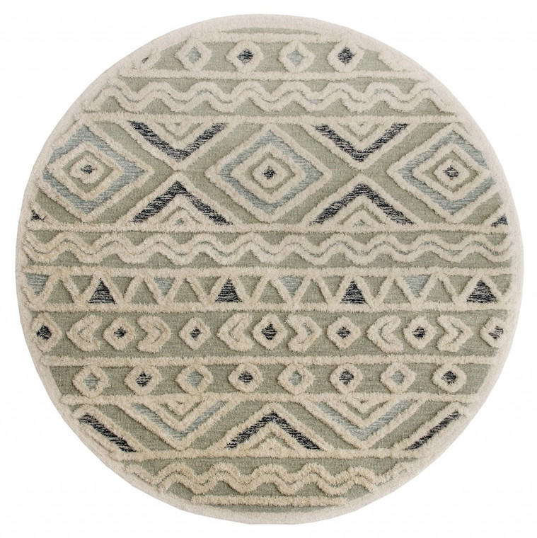 6’ Round Cream Modern Geometric Area Rug - 808230063297