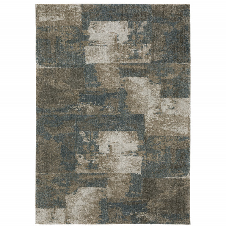 5' X 8' Teal Blue Grey Tan And Beige Geometric Power Loom Stain Resistant Area Rug - 606114588450