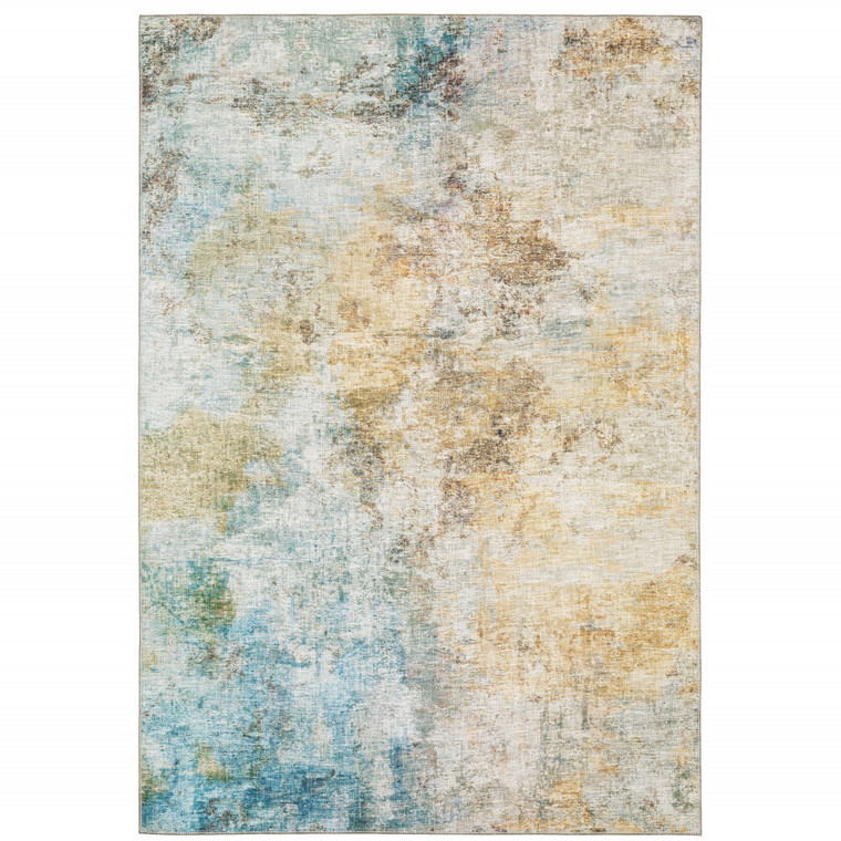 Homeroots Home Decor 9' X 12' Yellow Gold Blue Green Brown Grey And Beige Abstract Power Loom Stain Resistant Area Rug