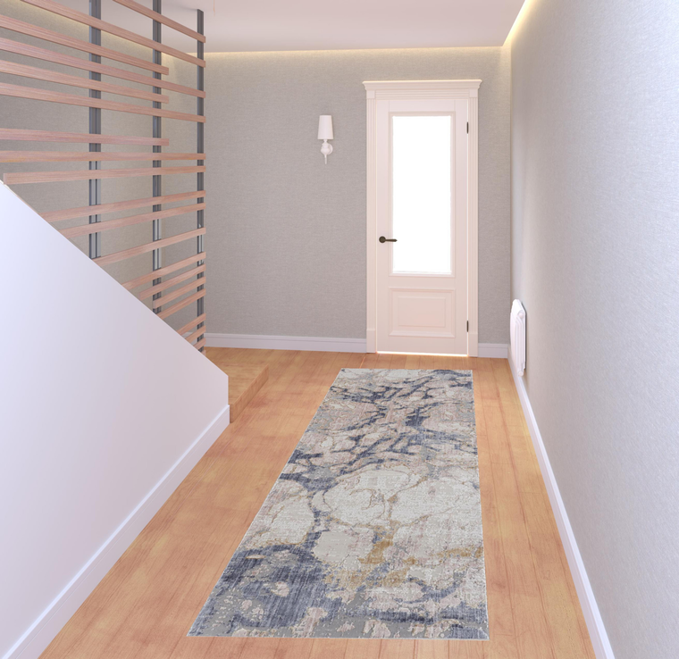8' Tan Blue And Beige Abstract Distressed Runner Rug