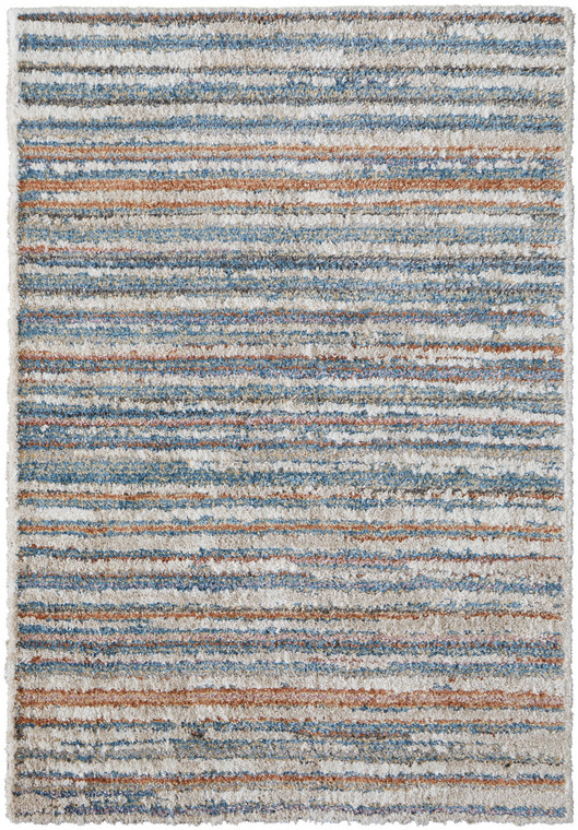 Homeroots Home Decor 8' x 10' Ivory Blue and Orange Striped Power Loom Stain Resistant Area Rug
