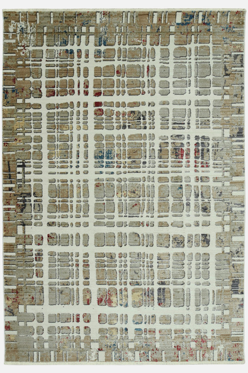 8’ Round Ivory Khaki Distressed Plaid Area Rug - 606114608950