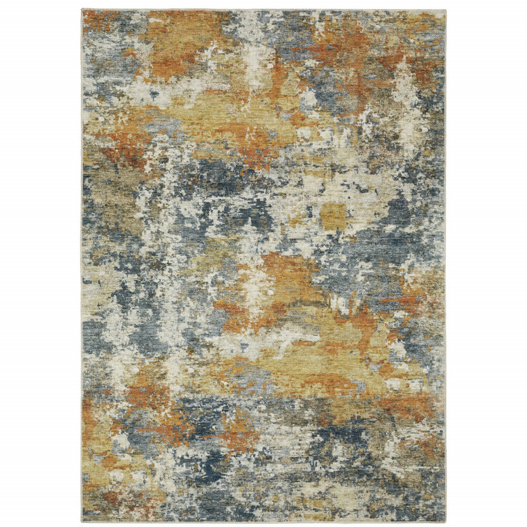 8' X 10' Teal Blue Orange Gold Grey Tan Brown And Beige Abstract Printed Stain Resistant Non Skid Area Rug - 606114620723