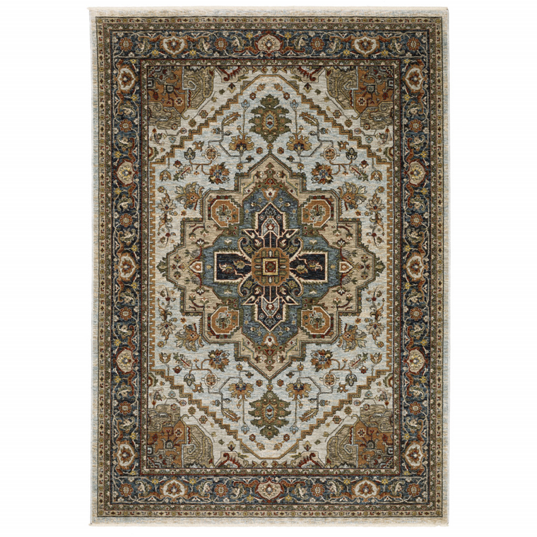 7' X 10' Ivory And Blue Oriental Area Rug With Fringe