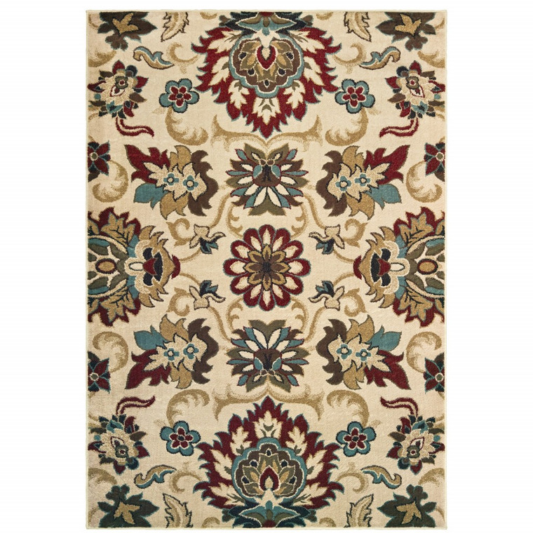 5’x7’ Ivory and Red Floral Vines Area Rug - 4512822874081