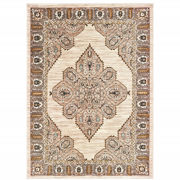 6' X 9' Ivory Gold Grey And Blue Oriental Power Loom Stain Resistant Area Rug - 606114622192