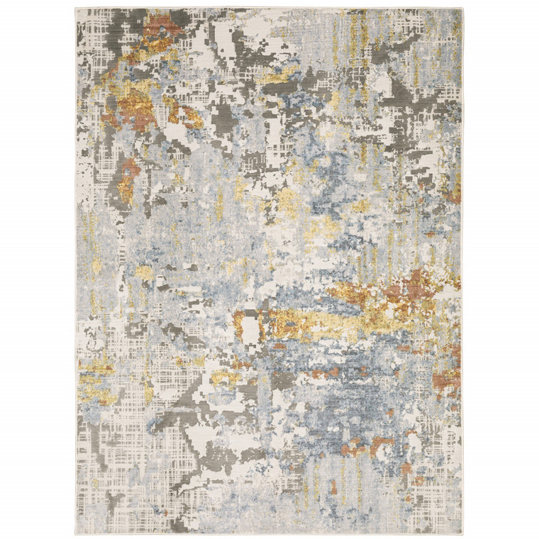 5' X 8' Grey Blue Beige Gold And Rust Abstract Power Loom Stain Resistant Area Rug - 606114596660