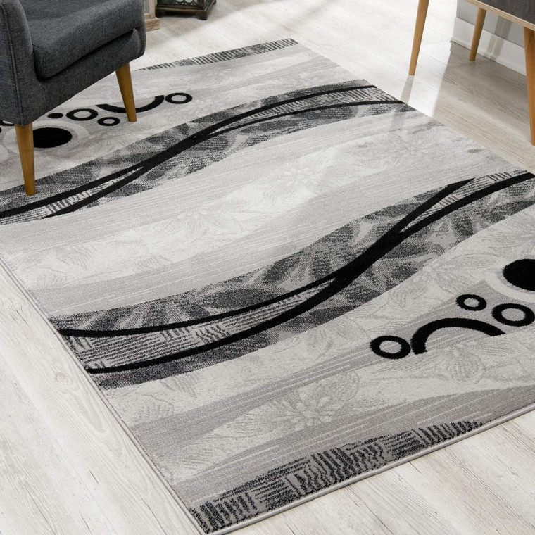 8’ X 11’ Gray And Black Abstract Waves Area Rug - 808230039971