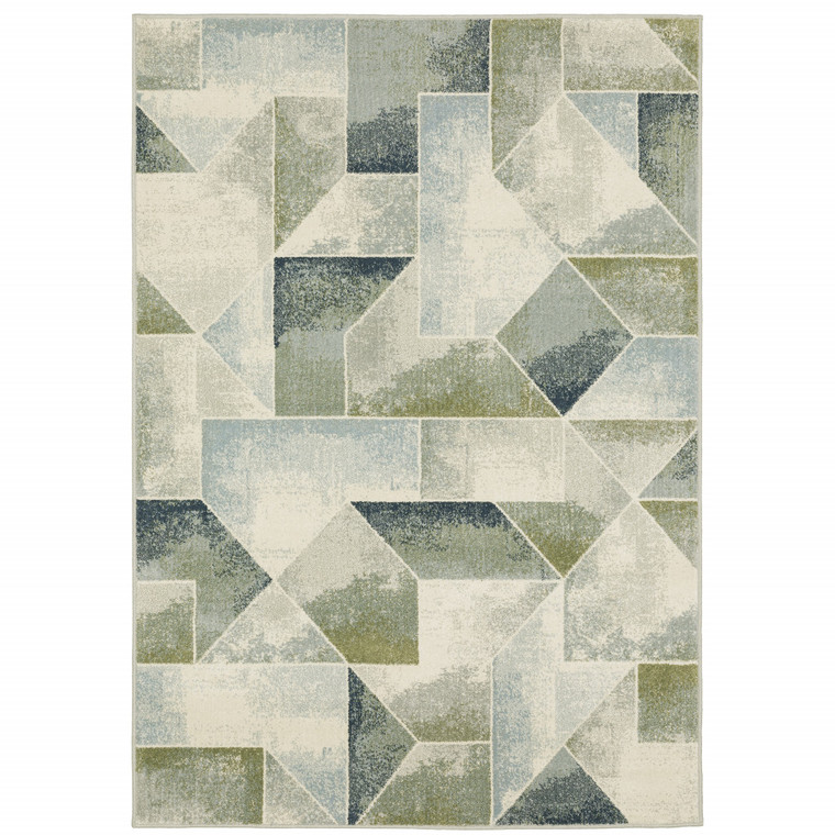6' X 9' Blue Green Grey Gold And Ivory Geometric Power Loom Stain Resistant Area Rug - 606114595014