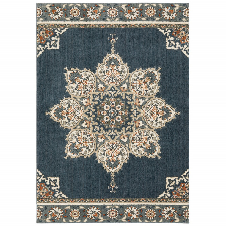 8’ x 10’ Blue and Beige Floral Medallion Indoor Area Rug - 4512822858531