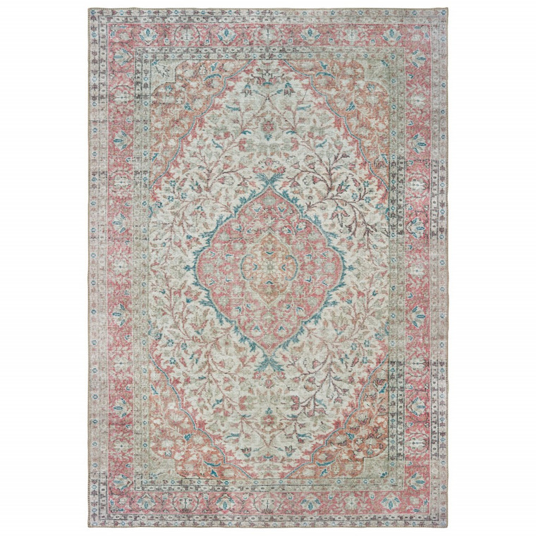5’x8’ Ivory and Pink Oriental Area Rug - 4512822866772