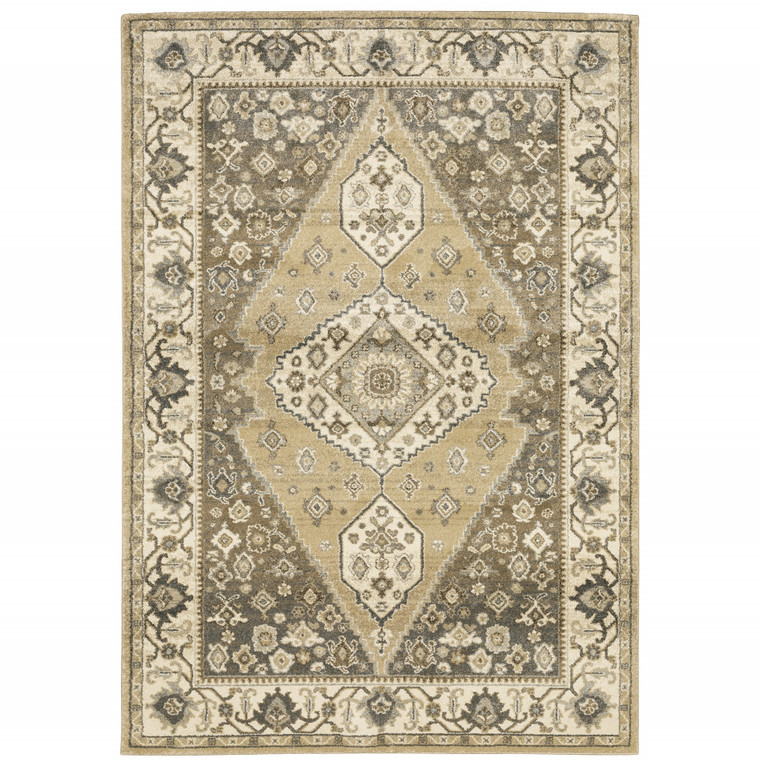 5' X 8' Beige Grey Tan And Charcoal Oriental Power Loom Stain Resistant Area Rug - 606114600435