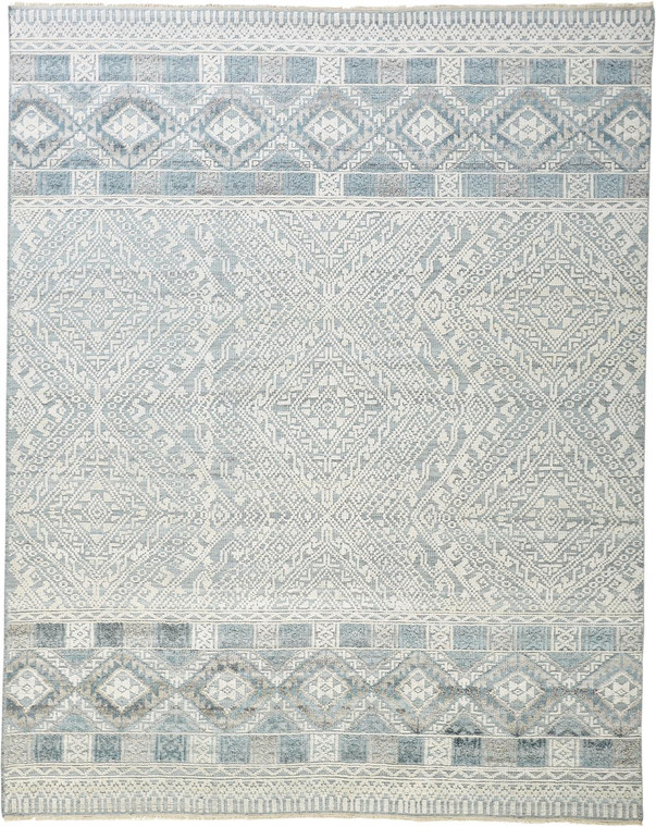 4' X 6' Ivory Blue And Gray Geometric Hand Knotted Area Rug - 606114118626