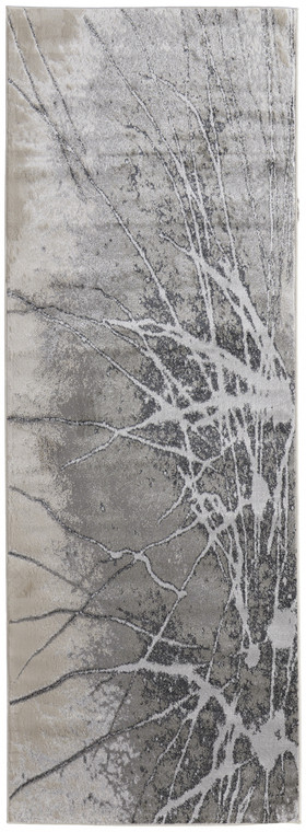 8' Gray Silver And Ivory Abstract Power Loom Runner Rug - 606114121077