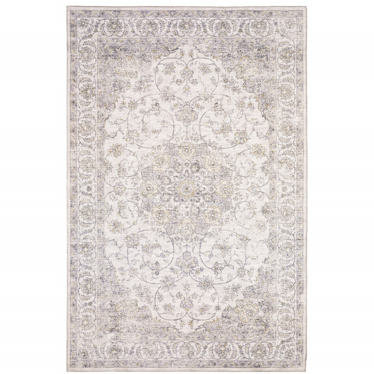 5' X 7' Beige Gold And Grey Oriental Power Loom Stain Resistant Area Rug - 606114607335