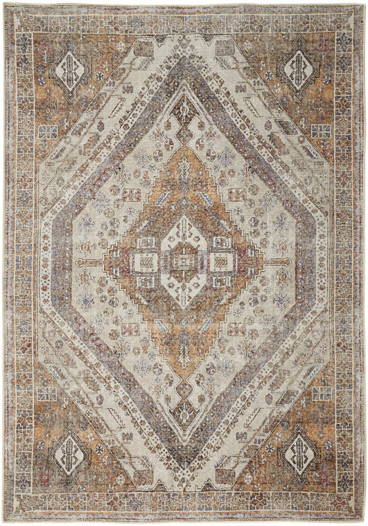 9' X 12' Brown Ivory And Orange Medallion Area Rug