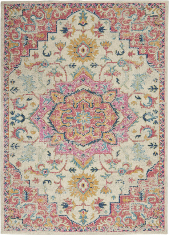 5’ x 7’ Ivory and Pink Medallion Area Rug - 4512822823195