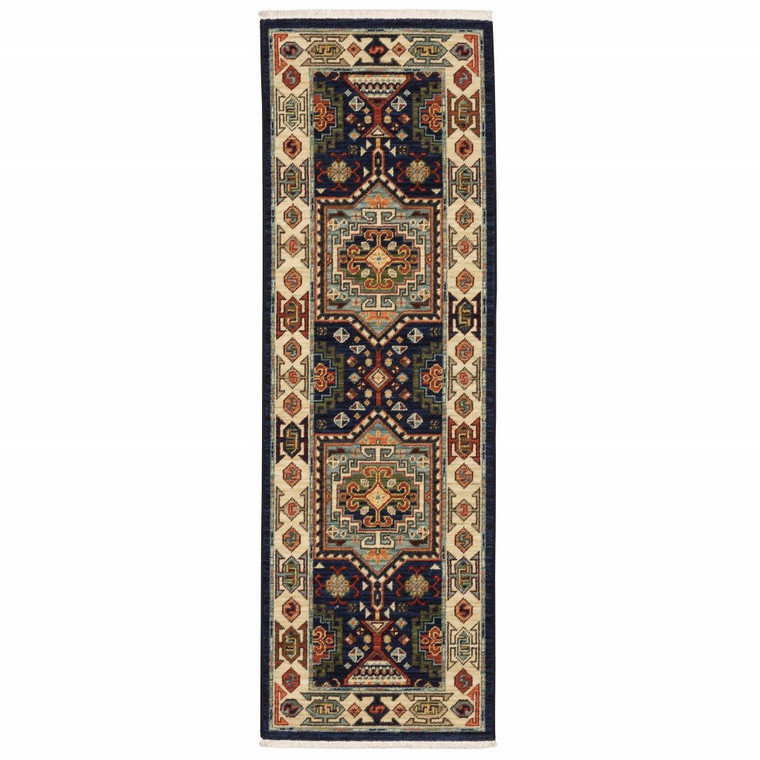 6' Blue And Ivory Wool Handmade Runner Rug