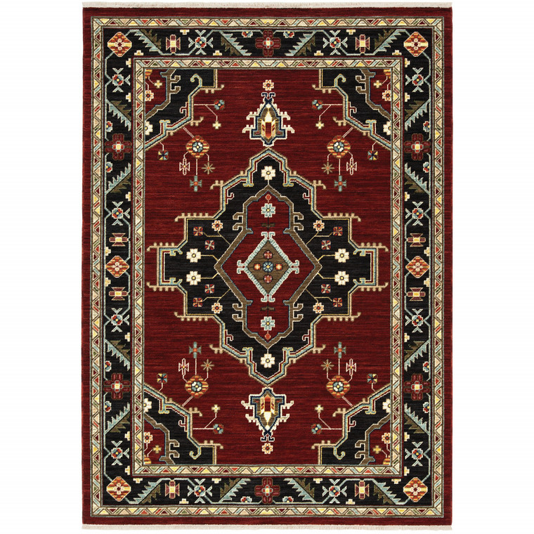 2' X 3' Red Black Beige And Blue Oriental Power Loom Stain Resistant Area Rug With Fringe - 606114604068