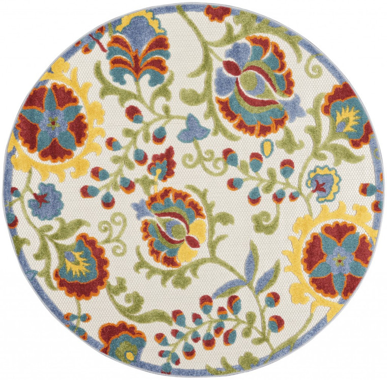 5’ Round Ivory Multi Floral Indoor Outdoor Area Rug - 4512822809915