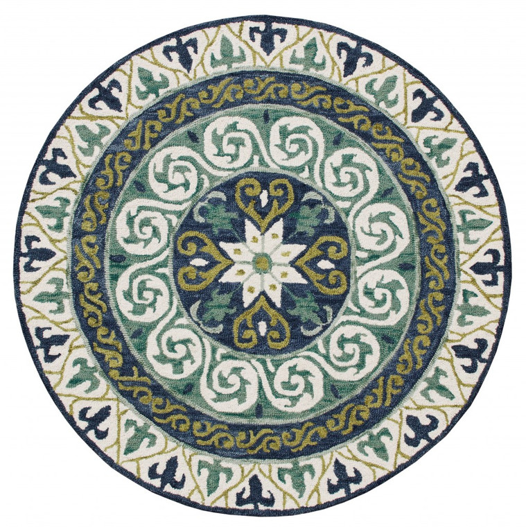 5’ Round Blue and Green Ornate Medallion Area Rug - 808230064072