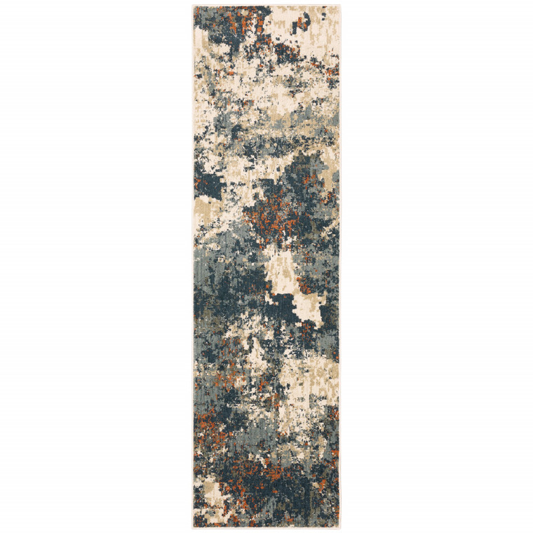 2' X 8' Blue Sage And Orange Abstract Power Loom Stain Resistant Runner Rug - 606114620464