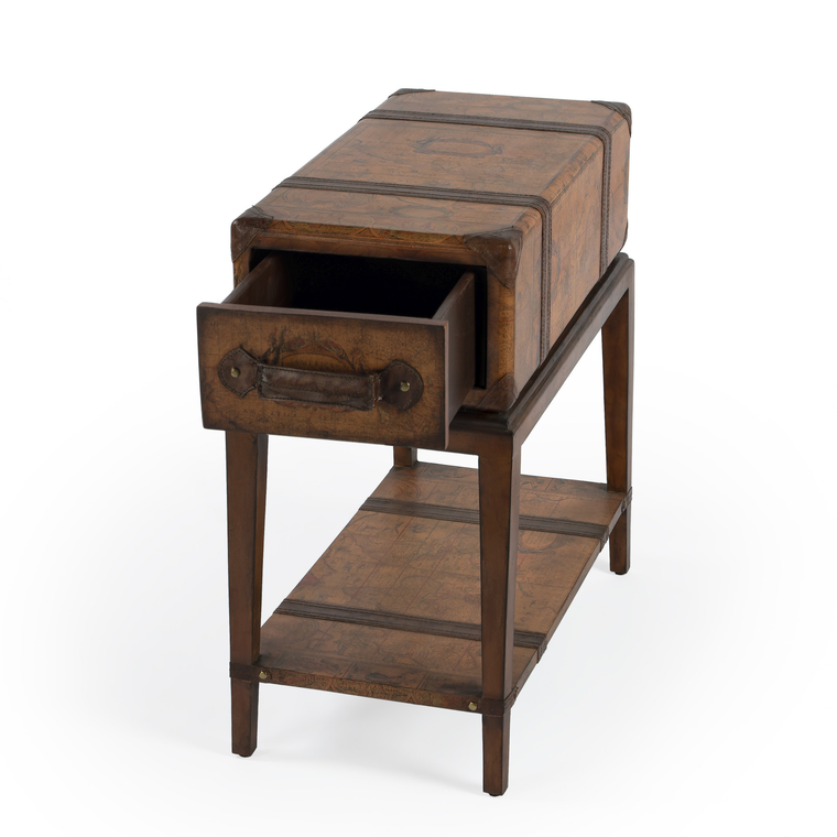 24" Brown Old World Map End Table With Drawer And Shelf