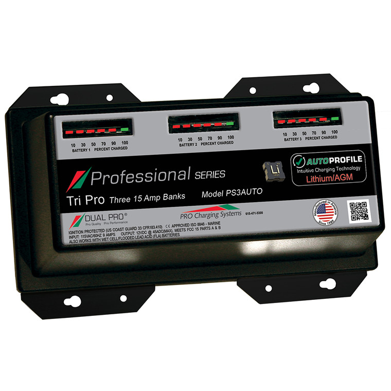 Dual Pro PS3 Auto 15A - 3-Bank Lithium/AGM Battery Charger - 738562002889