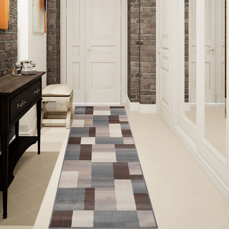 10' Gray Tan And Brown Patchwork Runner Rug
