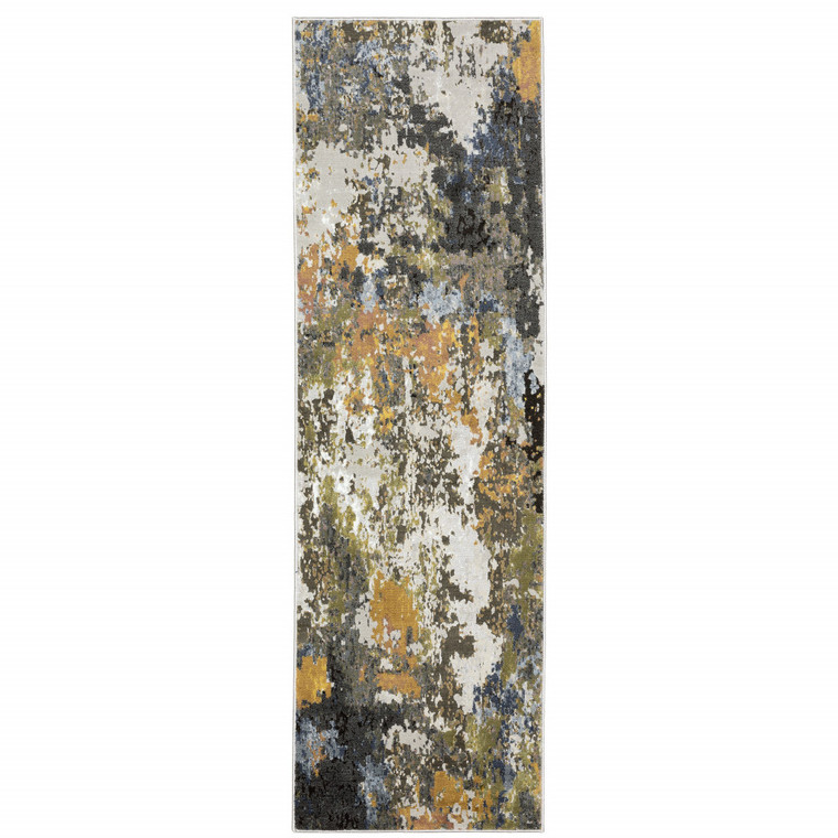 2' X 8' Grey Gold Blue Orange Beige And Brown Abstract Power Loom Stain Resistant Runner Rug - 606114597063