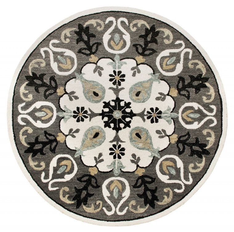 Homeroots Home Decor 5 Inch Round Gray And White Floral Medallion Area Rug