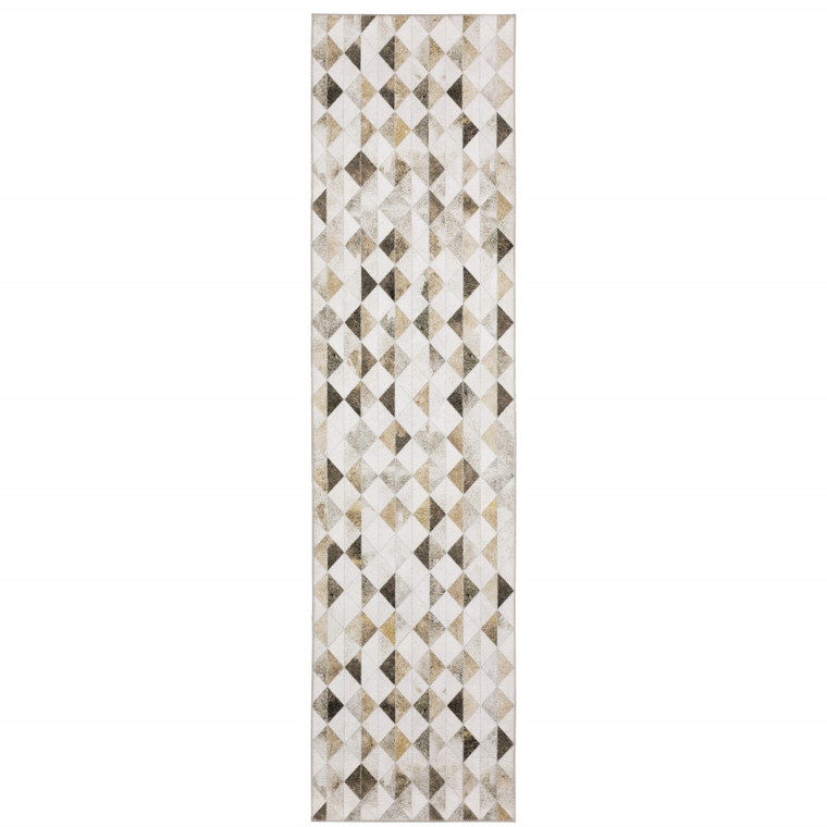 8' Beige And Gray Geometric Runner Rug