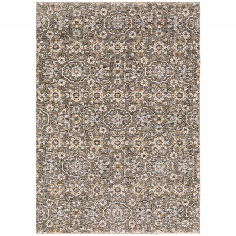 3' X 5' Grey And Tan Floral Power Loom Stain Resistant Area Rug With Fringe - 606114605430