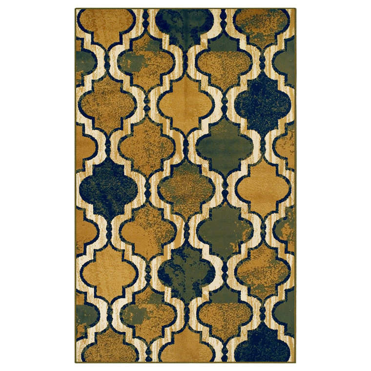 8' X 10' Green Brown And Ivory Quatrefoil Distressed Area Rug