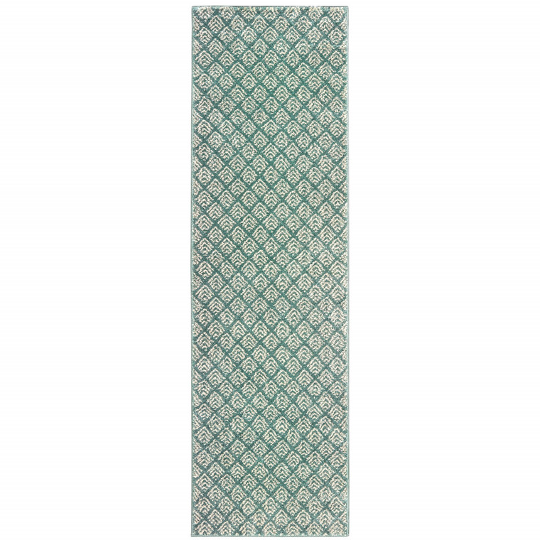 2' X 8' Foam Blue And Ivory Geometric Power Loom Stain Resistant Runner Rug - 606114598718