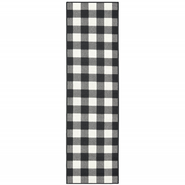 Homeroots Home Decor Black and Ivory Gingham Indoor Outdoor Runner Rug, Black and Ivory, 2 x 8 Inch