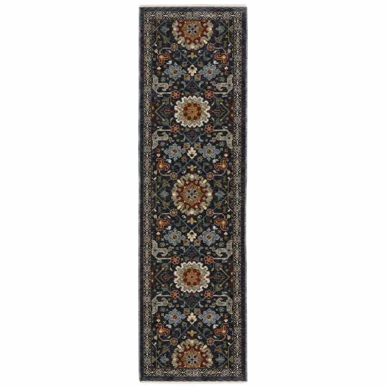2' X 8' Blue Red Ivory And Gold Oriental Power Loom Stain Resistant Runner Rug With Fringe