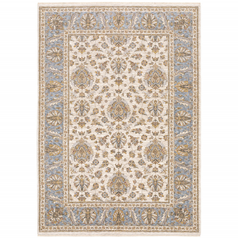 3' X 5' Ivory And Blue Oriental Power Loom Stain Resistant Area Rug With Fringe Polyester