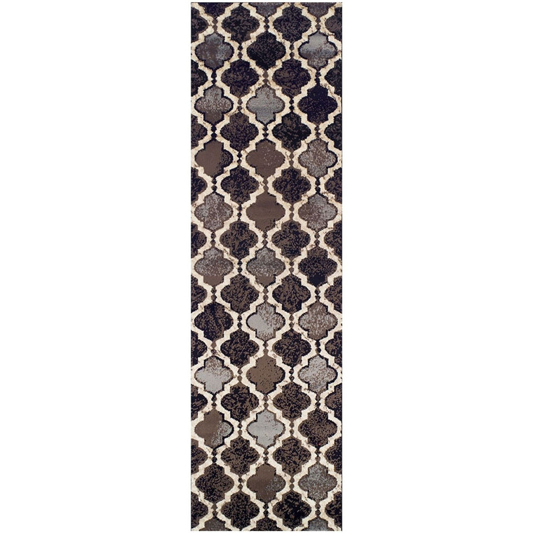 10' Chocolate Quatrefoil Power Loom Distressed Stain Resistant Runner Rug - 606114147176