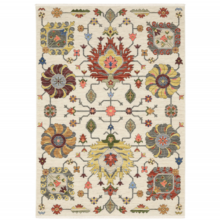 2' X 3' Ivory Yellow Rust Green Grey Pink Orange Blue And Grey Oriental Power Loom Stain Resistant Area Rug With Fringe - 606114605201